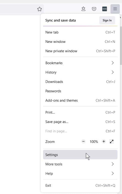 Firefox settings button
