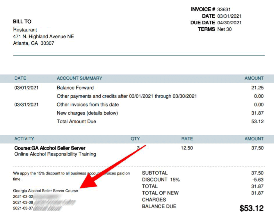 invoice from payment screen shows staff members