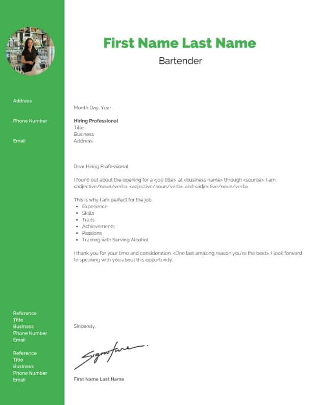 Free Bartender Cover Letter image