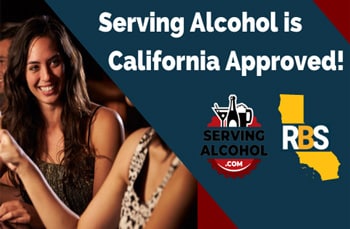 California RBS Certification is approved for Serving Alcohol Inc. Two customers are happily drinking at the bar. The Serving Alcohol logo is included. As well as the California state outline with the word RBS